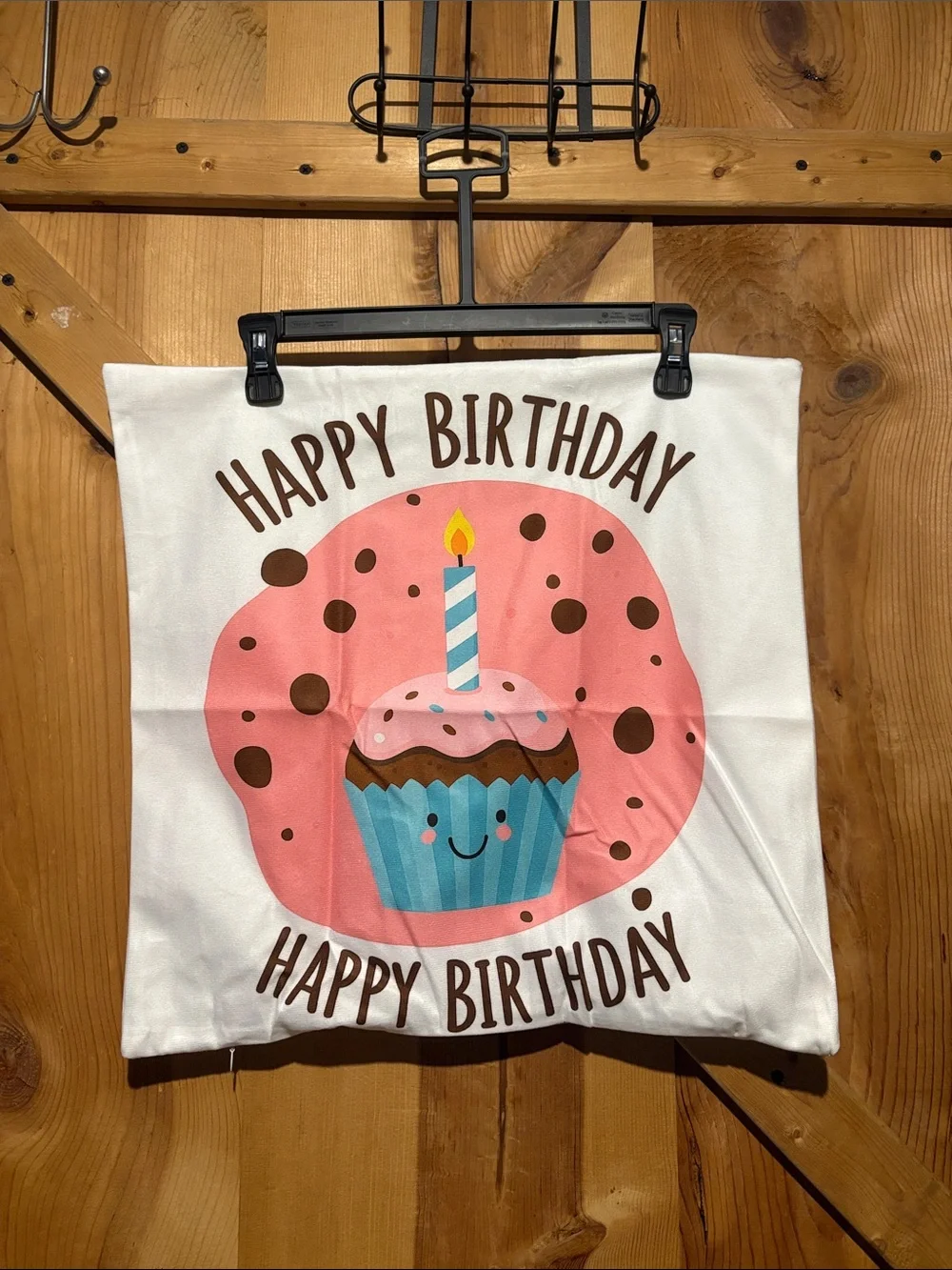 New Happy Birthday Cupcake Accent Pillow Cover - Pink & Blue